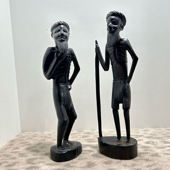 Vintage Pair of Hand Carved Tanganyika East African Tribesmen Statues Ebony 10”H - Picture 9 of 12